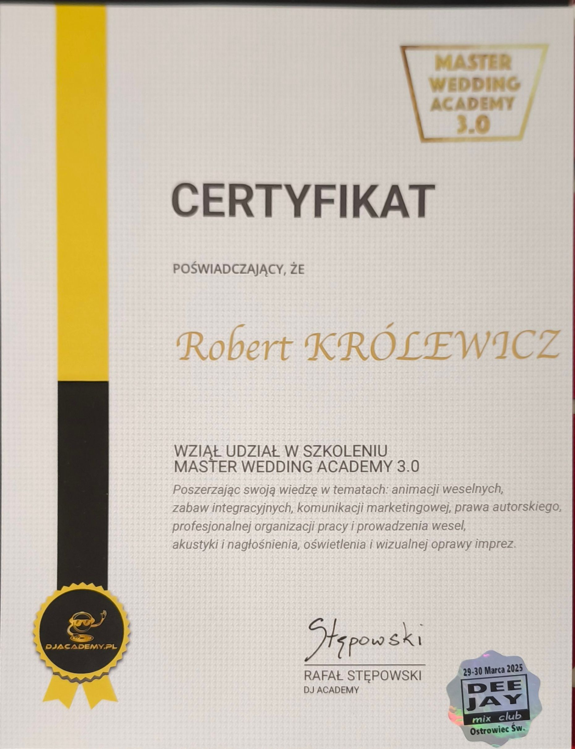 Certyfikat Master Wedding Academy 3.0 — Robert Królewicz